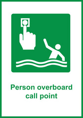 Green sign person overboard call point. Signal given if someone has fallen overboard. Water emergency alert. Attract attention and provide assistance to the victim. Water safety. Iso 7010.