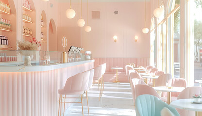 Interior decor for brunch and dessert shop, pastel Colors, Soft beige, warm white.