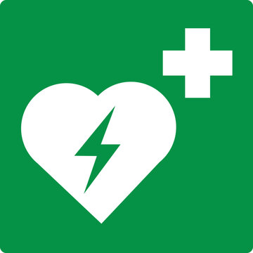 Green sign automatic external defibrillator. Location the AED automatic external defibrillator for emergency assistance in cases heart attack or sudden cardiac arrest. Providing first aid. Iso 7010.