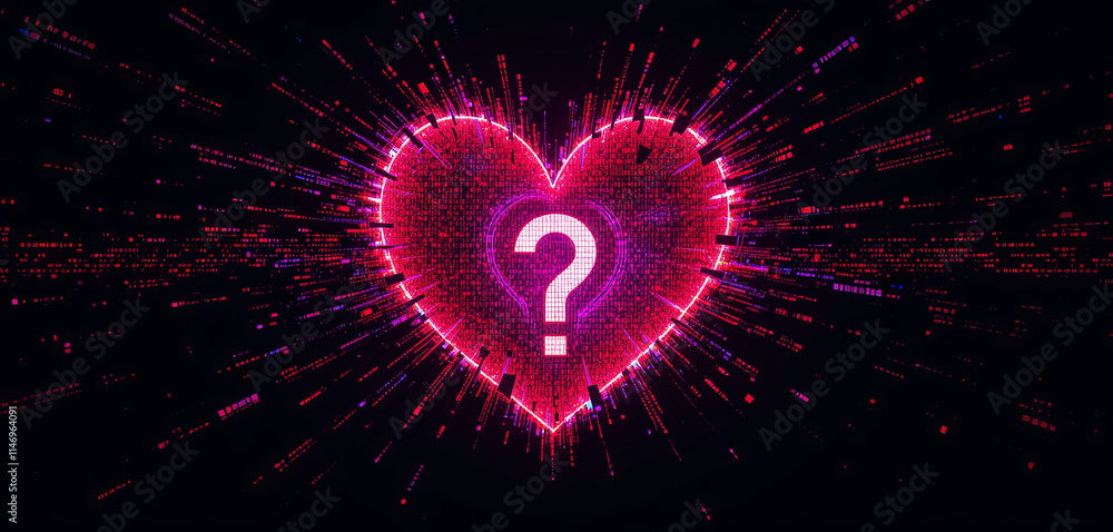 Poster a vibrant heart symbol filled with a question mark is surrounded by a burst of colorful digital part