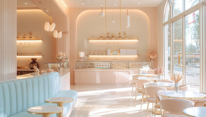 Interior decor for brunch and dessert shop, pastel Colors, Soft beige, warm white.