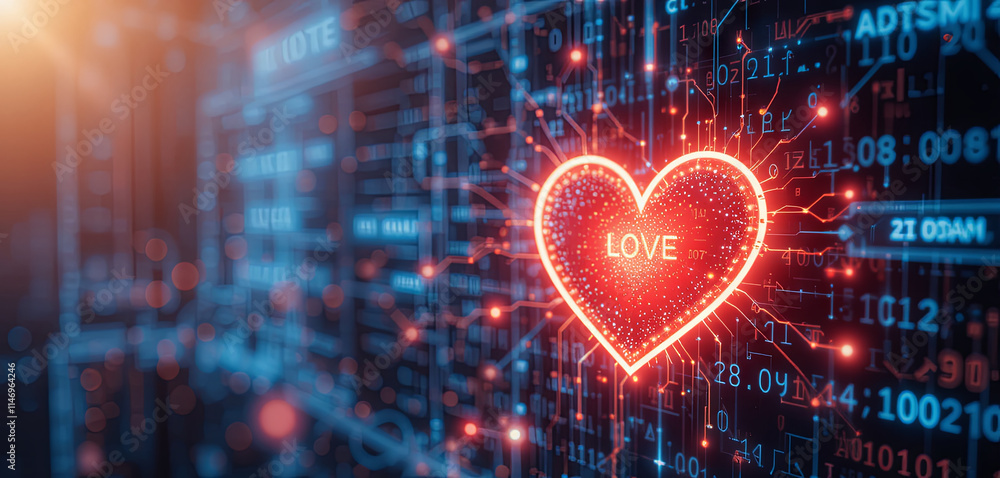 Poster a vibrant heart symbol glows with the word love in the center, surrounded by an array of digital cir