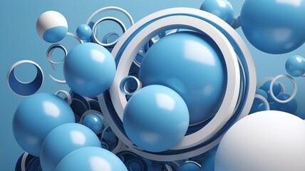 Abstract composition of blue rings and spheres in a modern geometric design