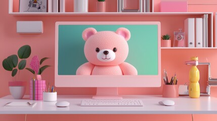 Cute pink teddy bear displayed on a pastel-colored computer screen in a cozy workspace