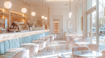 Interior decor for brunch and dessert shop, pastel Colors, Soft beige, warm white.