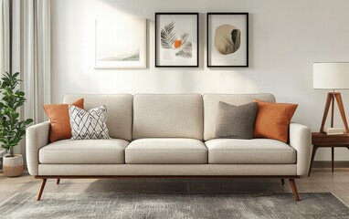 A sleek mid-century modern sofa with clean lines, neutral fabric, and tapered wooden legs