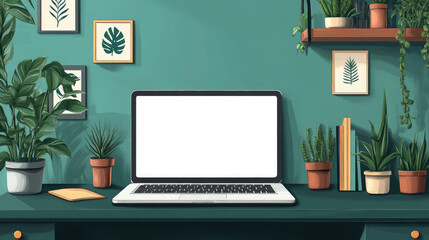 laptop with blank white screen stands on table in room, space for text, copyspace, mockup, computer, display, flat illustration