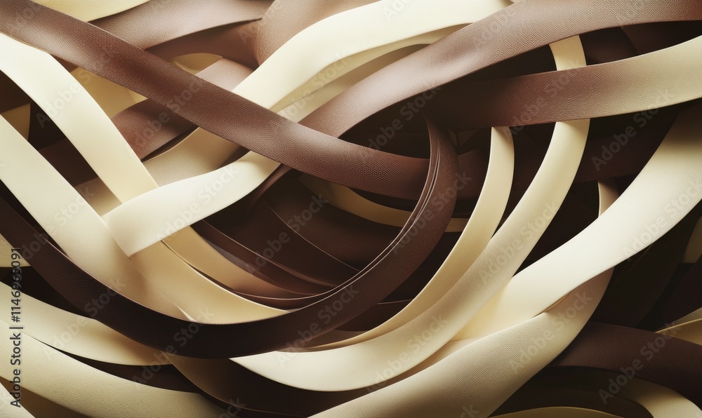 Poster overlapping geometric ribbons in mocha mousse hues, twisting to create depth and dimension.
