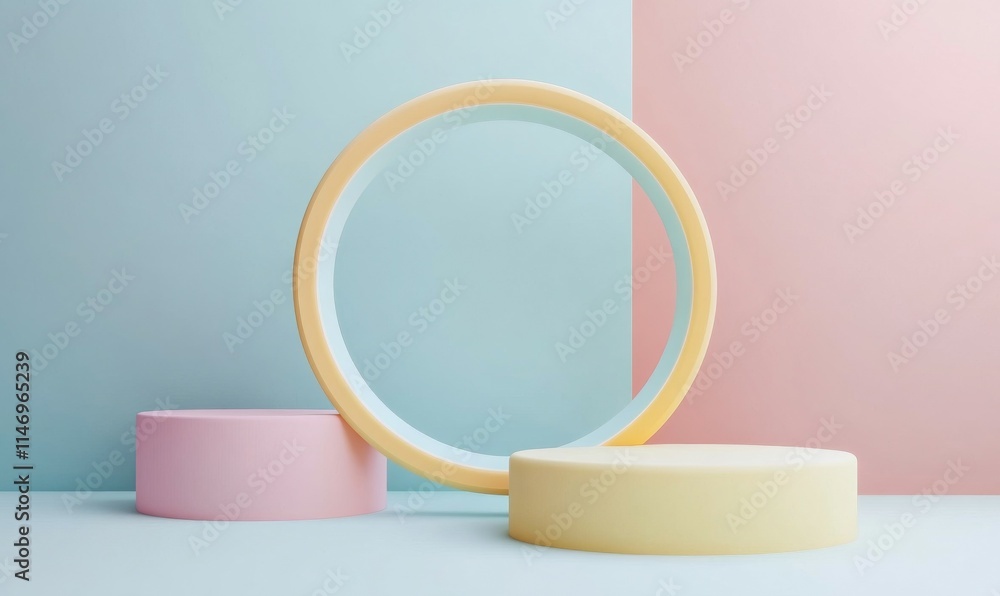 Poster pastel colored tech background with a geometric 3d structure. clean, minimal design with simple futu