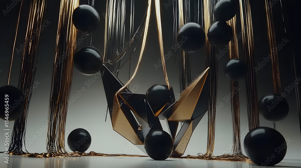 Aufkleber abstract 3d render of a gold and black geometric structure with black spheres hanging from gold and 