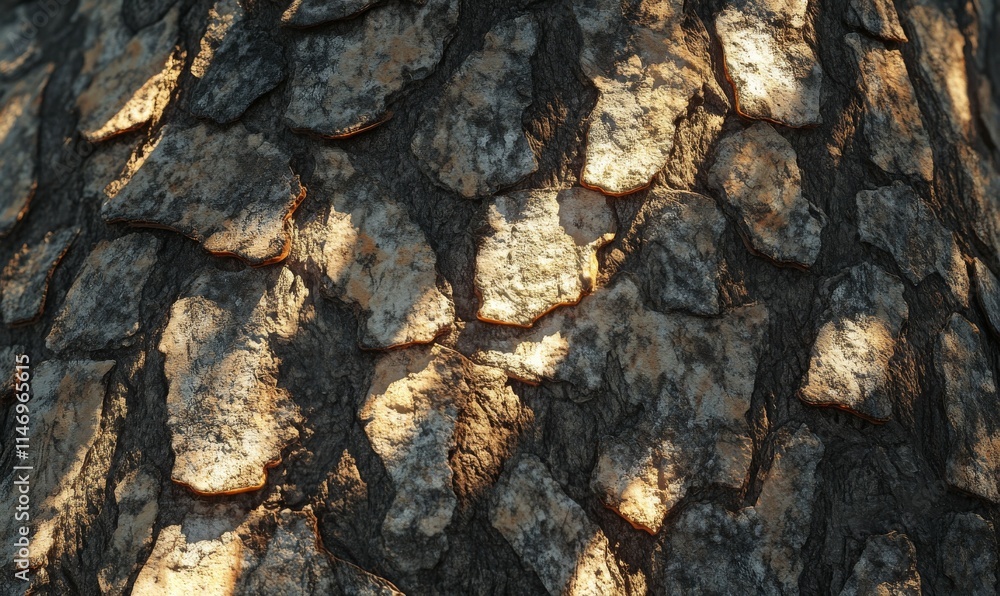 Poster shadowed forest pathway with intricate tree bark textures, dappled light patterns creating a serene 
