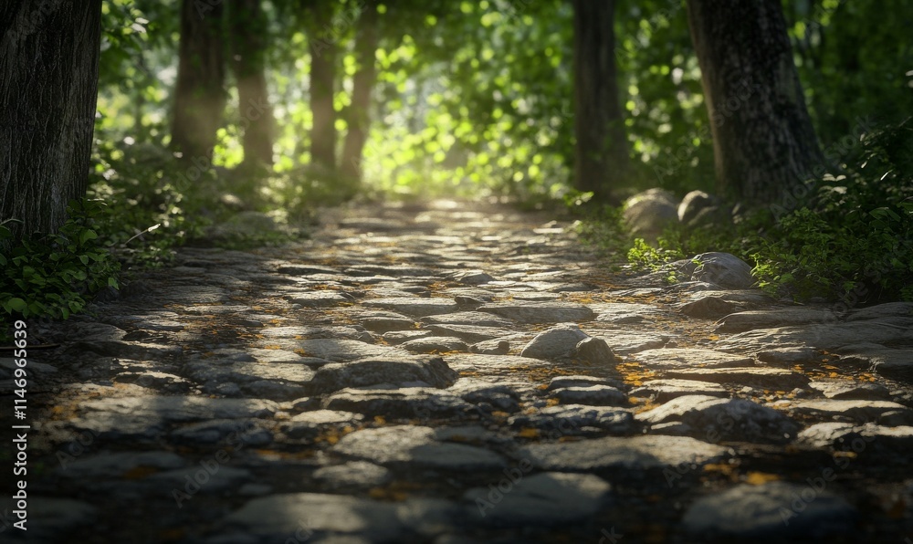 Poster shadowed forest pathway with intricate tree bark textures, dappled light patterns creating a serene 