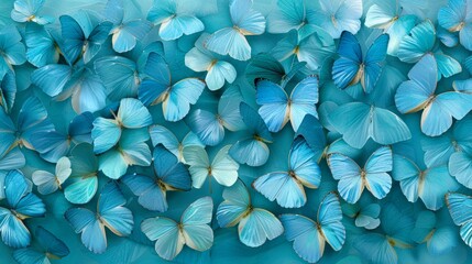 A stunning array of blue butterflies is displayed against a soft aqua background, perfect for use in nature-themed projects, educational materials, or decor to evoke tranquility and beauty,