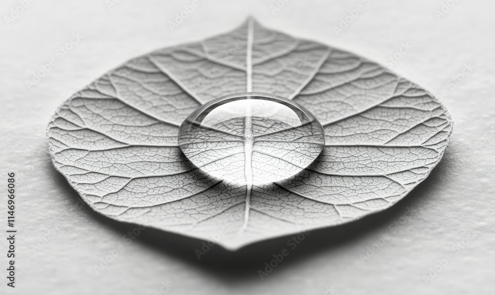 Poster single dewdrop on a smooth leaf, reflecting a delicate web of light and shadow in monochrome eleganc