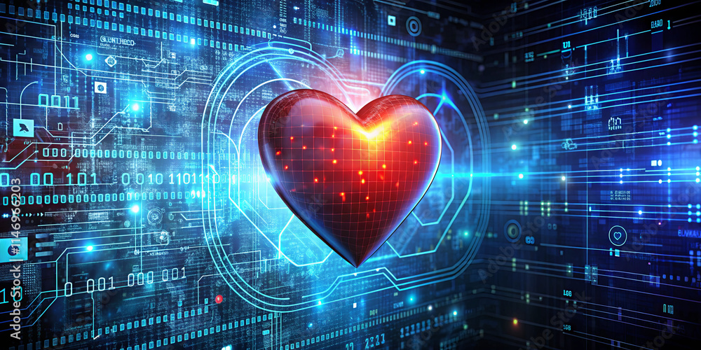 Poster a glowing heart symbol emerges amidst a backdrop of intricate digital patterns and binary code, repr