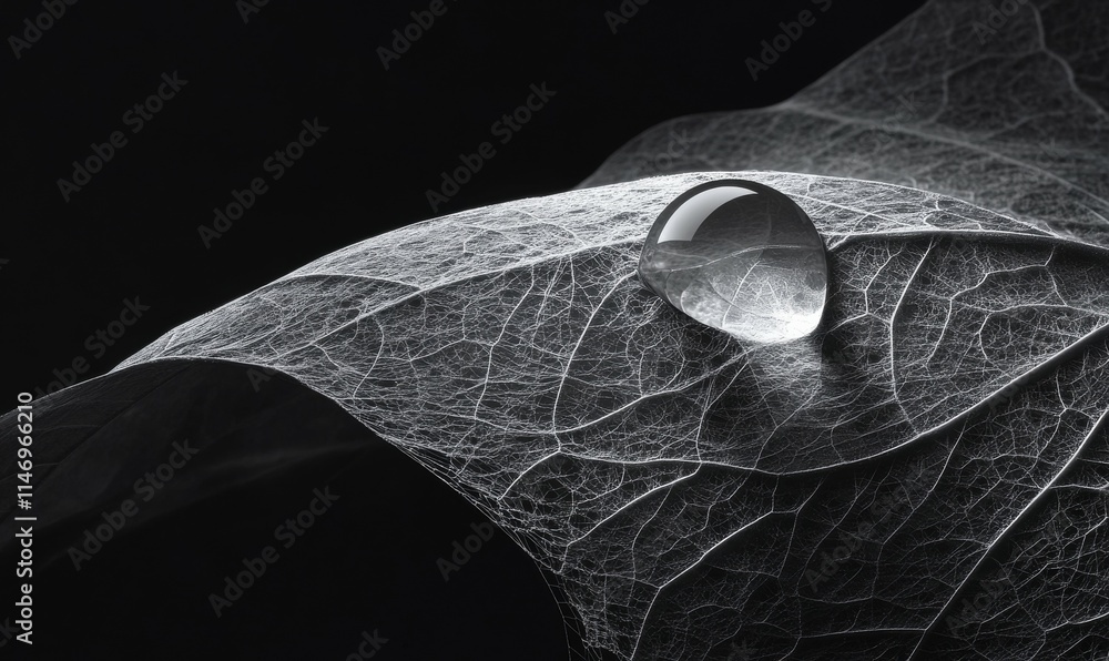 Poster single dewdrop on a smooth leaf, reflecting a delicate web of light and shadow in monochrome eleganc