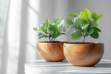 Fototapeta premium Two small green plants in wooden bowls on a white table by a window.