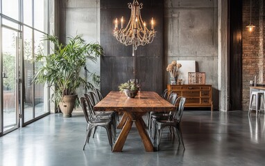 An industrial dining room featuring a large wooden table, metal chairs, and a bold chandelier