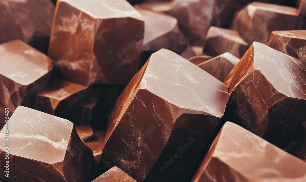 Poster polygonal structures in warm mocha mousse shades, stacked and layered to create a balanced minimalis