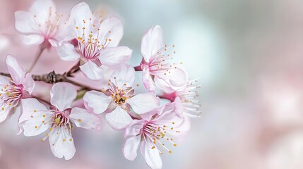 Fototapeta premium Soft pink cherry blossoms on a blurred sakura backdrop, close-up shot, Minimalist style