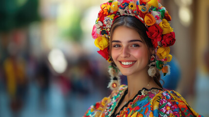 spanish young smiling woman in national costume on madrid street background
