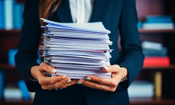 An accountant carries a stack of documents in his hands. A female secretary holds a stack of papers in her hands. Concept: Office worker, tax reports, documentation. Al-generated, Al-generative