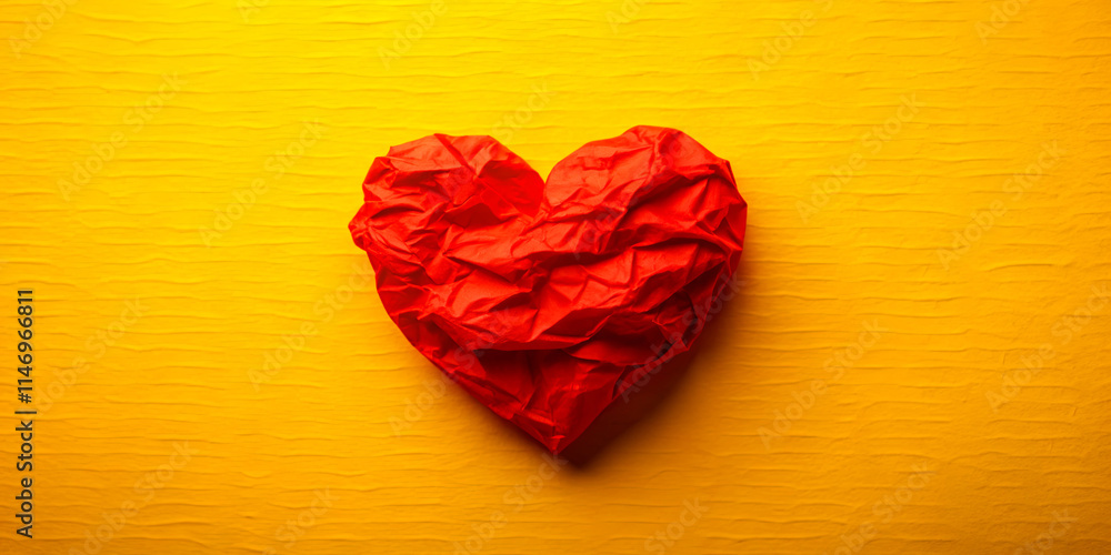 Poster a crumpled red origami heart rests on a bright yellow surface, creating a striking contrast that sym