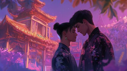 Couple sharing a tender moment in a serene Asian garden during twilight hours with traditional architecture and vibrant colors