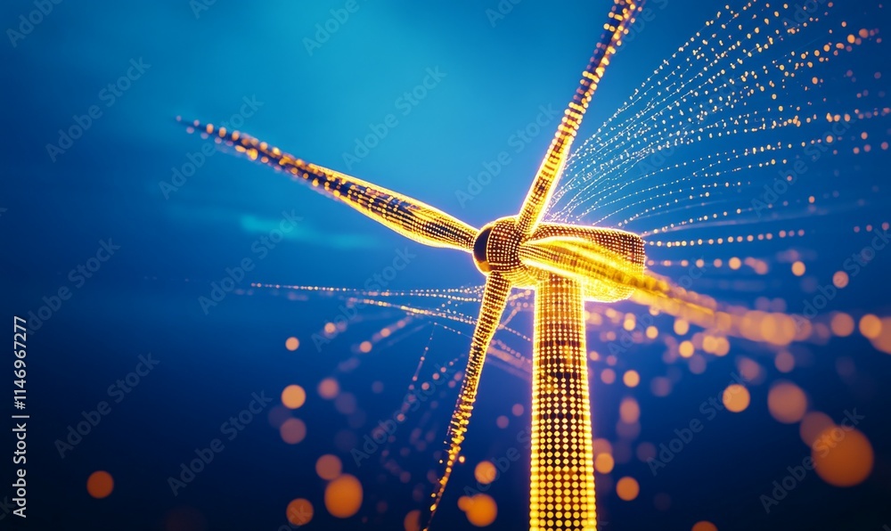 Poster wind turbine with glowing yellow lines on a blue background, with gradient colors from top to bottom