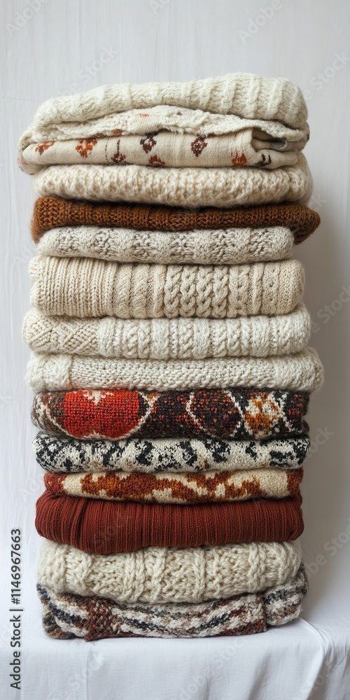 Poster a tall stack of cozy knitted sweaters in assorted patterns and textures, perfect for autumn and wint