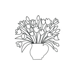 Black Stroke Flower Silhouettes in Vase on White Background