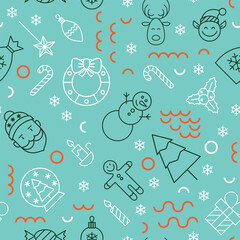 Blue Christmas Line Seamless Pattern. Vector Illustration of Outline and Linear Style. Happy New Year Texture. Winter Holiday Background.