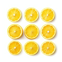 Set of sliced lemon citrus fruit lying down isolated on white background. Lemon slices in row with clipping path. Full depth of field.