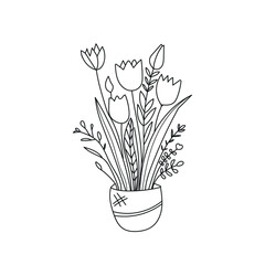 Black Stroke Flower Silhouettes in Vase on White Background