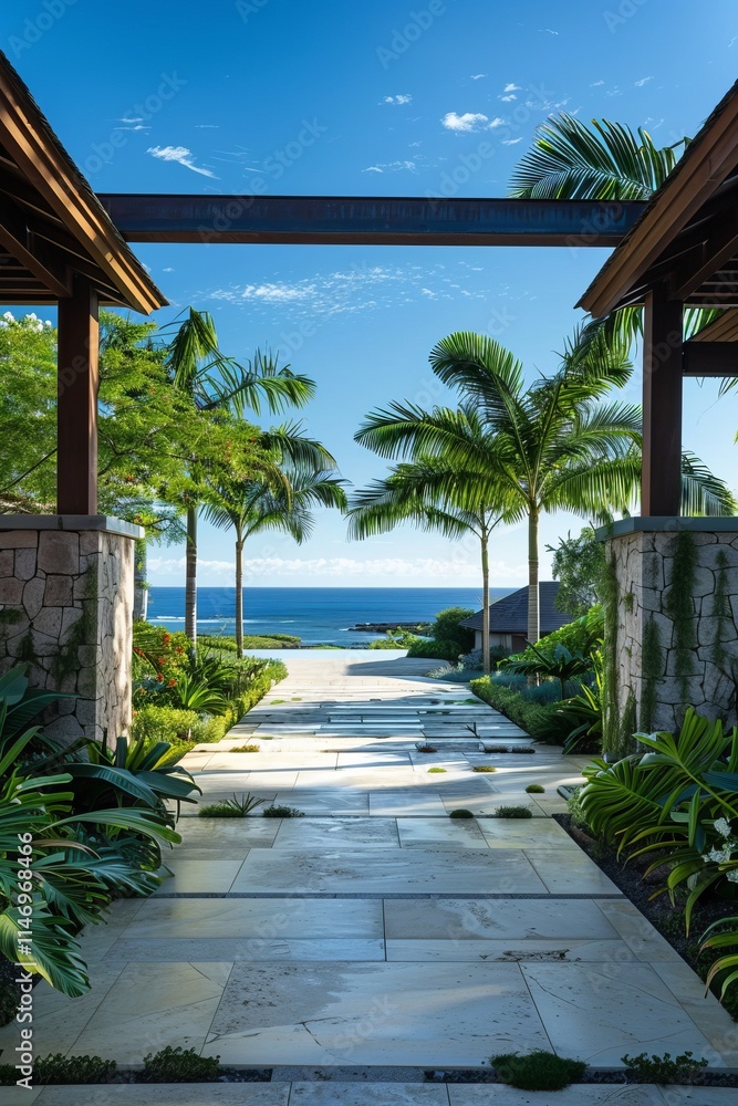 Poster a walkway with palm trees and a view of the ocean. the walkway is made of stone and has a stone wall