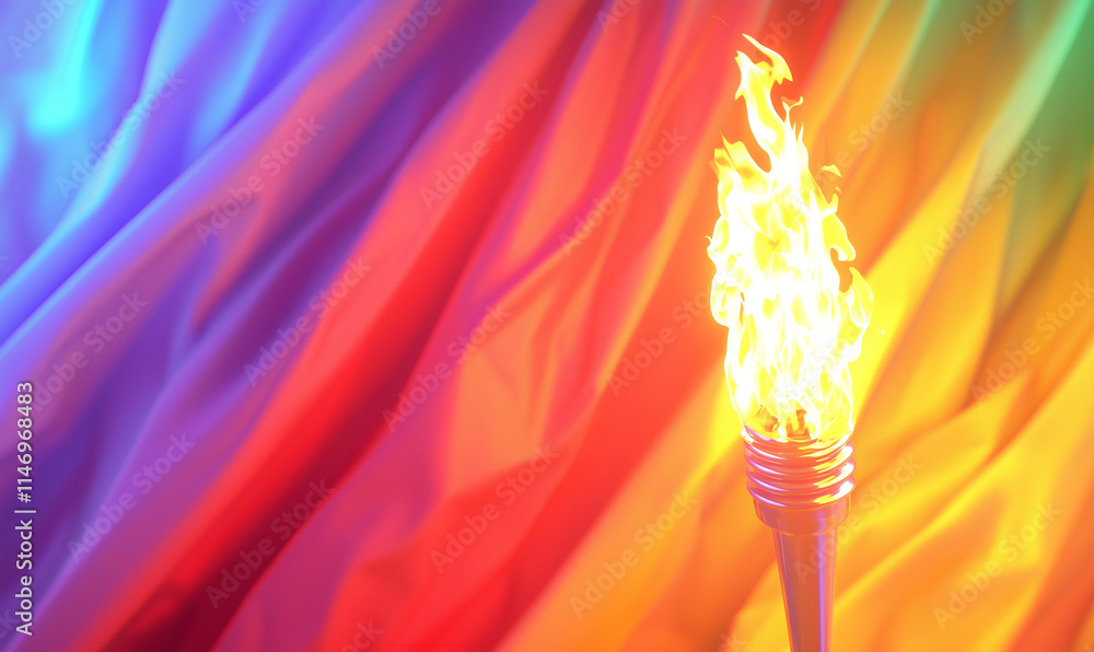 Poster celebrating lgbtq pride month with a flaming torch vibrant rainbow flag equality and unity colorful 