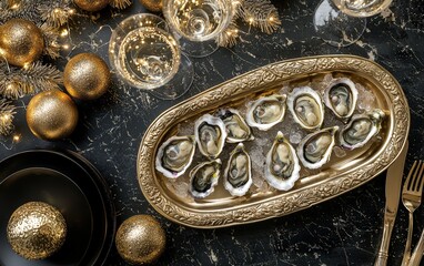 New Years Eve Oysters: A champagne and oyster pairing, with oysters served elegantly on a tray alongside glasses of bubbly and golden decorations