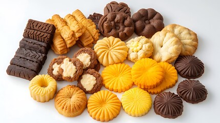 Variety of freshly baked cookies displayed on white background