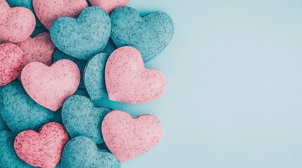 Obraz premium Pastel pink and blue textured hearts arranged on a light blue background with copy space.