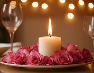 A closeup of a glowing candle surrounded by soft bokeh lights and rose petals on a romantic valentine day dinner table, with a warm  atmosphere. The candlelight reflects gently on the polished table 