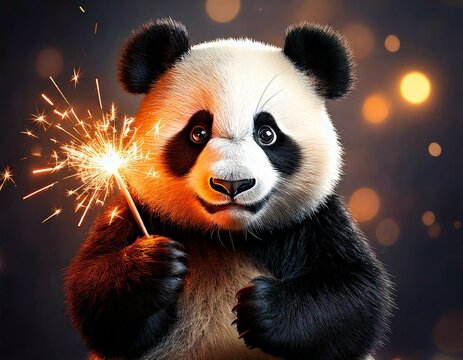 Gem&uuml;tlicher Panda mit 2025-Wunderkerze &ndash; Funkenfrohes Neujahrsmotiv