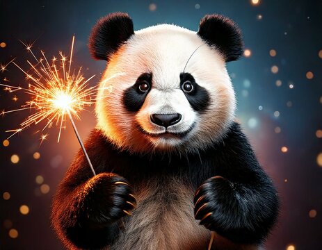 Gem&uuml;tlicher Panda mit 2025-Wunderkerze &ndash; Funkenfrohes Neujahrsmotiv