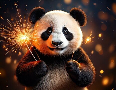 Gem&uuml;tlicher Panda mit 2025-Wunderkerze &ndash; Funkenfrohes Neujahrsmotiv