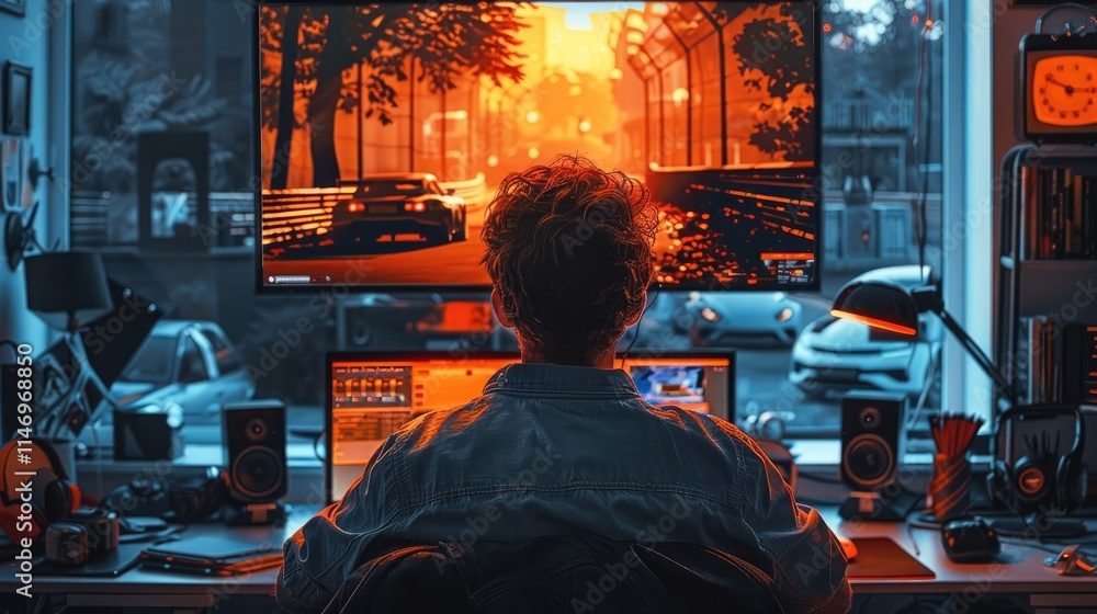 Poster a professional is working on his office desk. the background environment is a gaming scene from a ra