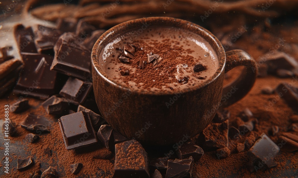 Poster rich hot chocolate with a hint of cinnamon in a rustic mug, surrounded by chocolate chunks and cocoa