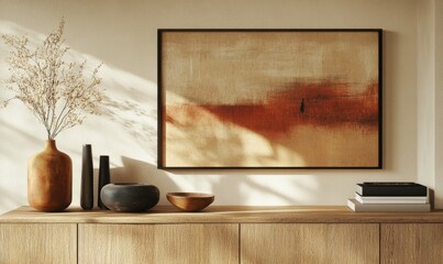 Wooden sideboard featuring a mocha mousse vase, abstract artwork, and curated home accents in warm tones.