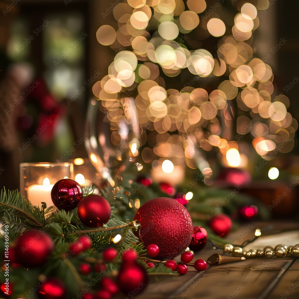 Poster a table with a red christmas tree and a bunch of red balls. there are also candles on the table