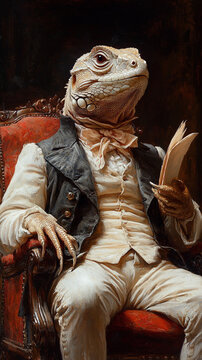 Portrait d'un iguane aristocrate en tenue d'&eacute;poque tenant un livre ancien