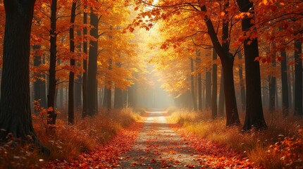 Vibrant Autumn Forest Road with Falling Leaves and Sunlight