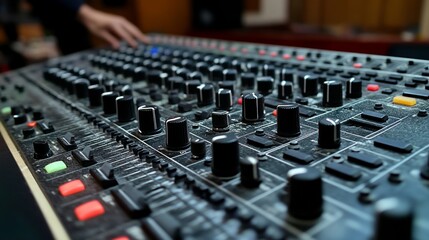 Close-up of an audio mixing console with numerous knobs and buttons.